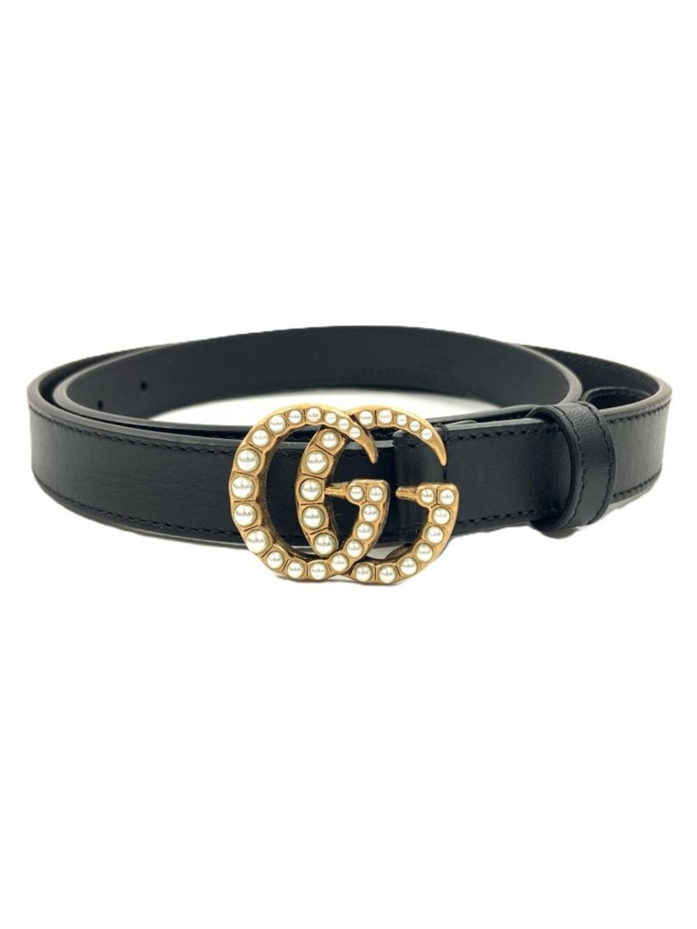 Gucci GG Marmont Double G Faux Pearl Leather Buckle Belt Black